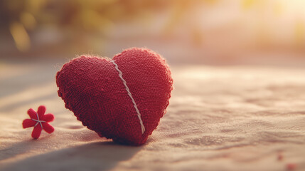 Fototapeta premium A red heart made of fabric with visible stitches and a needle resting nearby, lying on a soft pastel surface, symbolizing repair and healing