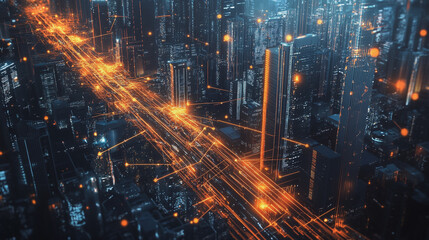 Smart digital Innovation city with connection network reciprocity over the twilight cityscape. of future smart wireless digital city and social media networking systems that connects people with city