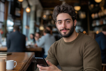 Obraz premium Young man enjoying coffee and using mobile phone in a cozy cafe setting