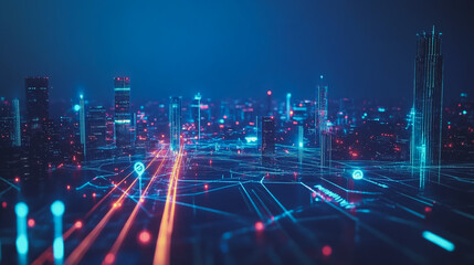 Naklejka premium Smart digital Innovation city with connection network reciprocity over the twilight cityscape. of future smart wireless digital city and social media networking systems that connects people with city
