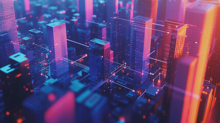Obraz premium Smart digital Innovation city with connection network reciprocity over the twilight cityscape. of future smart wireless digital city and social media networking systems that connects people with city 