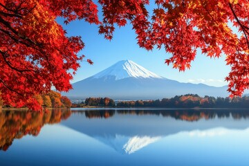 Fototapeta premium A tranquil lake framed by vibrant red and orange autumn leaves