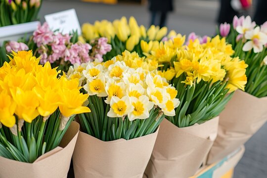 Vibrant spring flower bouquets with daffodils and tulips at market display