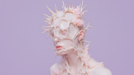 Person with Artistic Headpiece Resembling Antlers and Pink Floral Elements