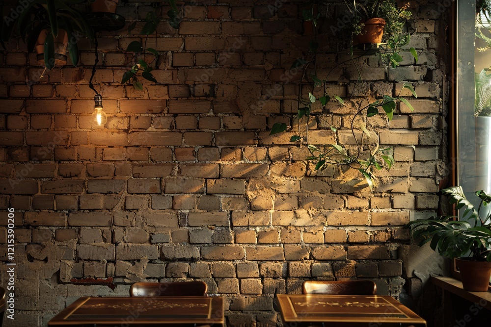 Aufkleber golden sunlight illuminates two empty tables in front of an exposed brick wall with plants