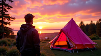 Person Standing in Front of a Pink Tent with a Lake and Trees at Sunset