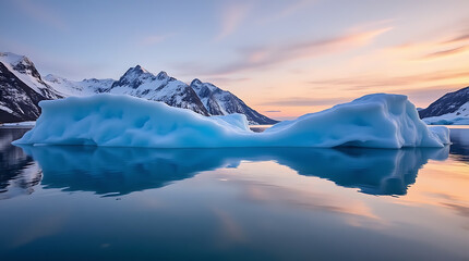Arctic Scene with Iceberg Floating in Calm Waters and a Vibrant Sunset Sky