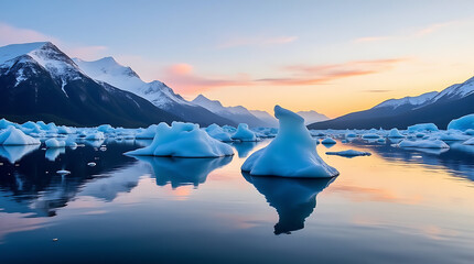 Arctic Landscape with Calm Waters, Icebergs, and Snow-Capped Mountains at Sunset