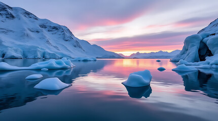 Sunset Over an Icy Landscape with Icebergs and Glacial Formations