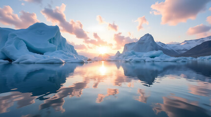 Arctic Landscape with Icebergs Reflecting a Pink and Orange Sunset Sky