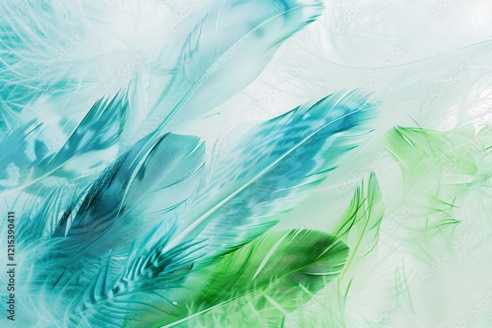 Aufkleber Turquoise and green feathers are overlapping creating a soft and delicate background