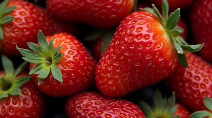 Close-Up of Several Bright Red Strawberries with Green Caps and Shiny Skin