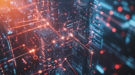 Obraz premium Smart digital Innovation city with connection network reciprocity over the twilight cityscape. of future smart wireless digital city and social media networking systems that connects people with city 