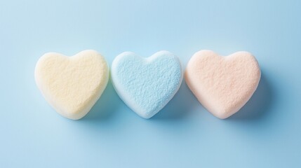 Obraz premium Soft pastel heart shapes delicately arranged on a serene blue backdrop evoke feelings of love and tranquility