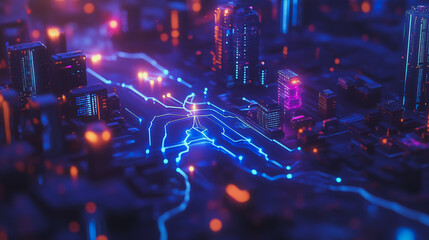 Obraz premium Smart digital Innovation city with connection network reciprocity over the twilight cityscape. of future smart wireless digital city and social media networking systems that connects people with city 