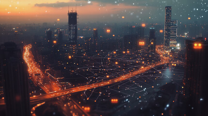 Fototapeta premium Smart digital Innovation city with connection network reciprocity over the twilight cityscape. of future smart wireless digital city and social media networking systems that connects people with city 
