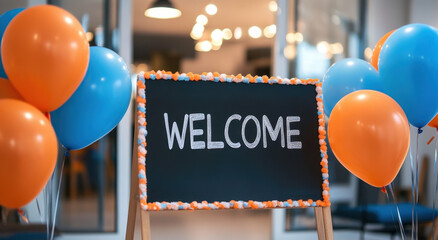 A colorful welcome sign adorned with bright balloons is displayed in a contemporary indoor setting. This festive setup invites guests to a special gathering or event.