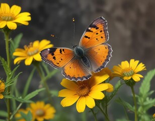 Copper Lycaena phlaeas butterfly on yellow flower, garden, copper, yellow flower