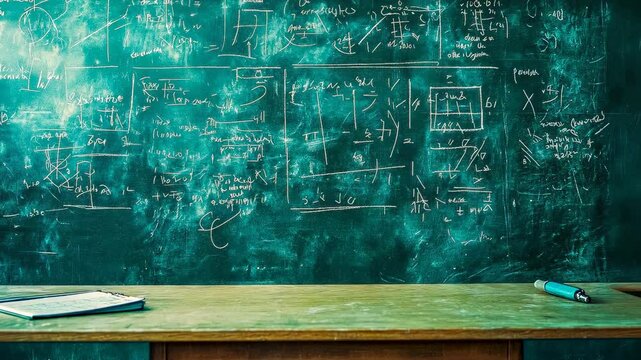 Chalkboard filled complex equations afternoon.Educators explain math,scribbled formulas.Classroom activity focuses problem-solving.,chalk,and learning merge.Educational setting inspires mathematical
