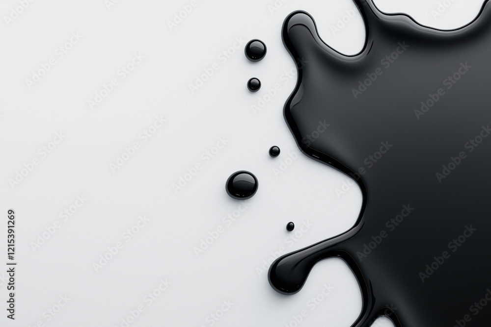 Poster black liquid spills across a white surface, creating abstract patterns and shapes