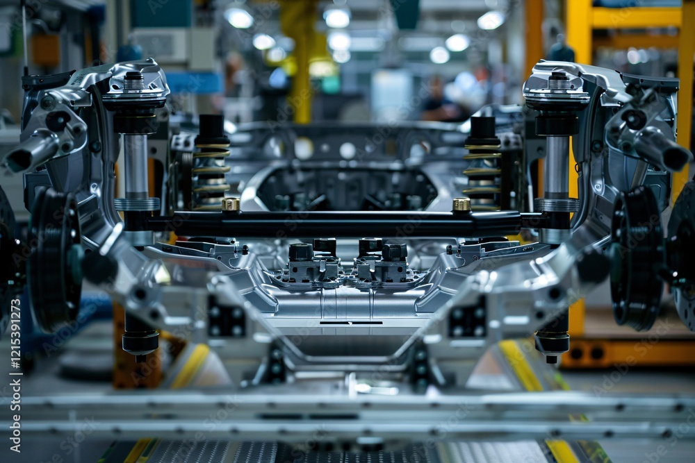Poster automobile manufacturing factory assembly line constructing car frame chassis