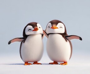 Adorable pair of happy baby penguins hugging each other on ice