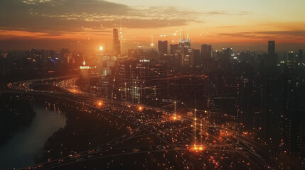 Fototapeta premium Smart digital Innovation city with connection network reciprocity over the twilight cityscape. of future smart wireless digital city and social media networking systems that connects people with city 