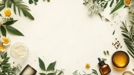 Clean and Detailed Close-Up of Ayurvedic Healing Plants, Oils, and Powders, Featuring a Generous Amount of Open Space on the Right for Adding Text copy space