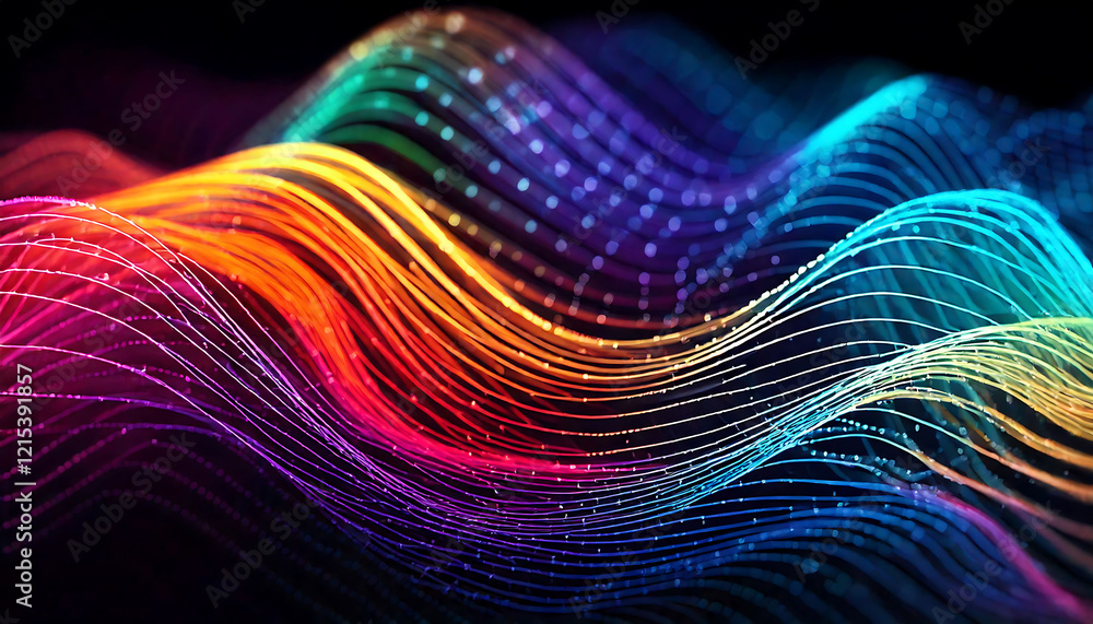 Poster vibrant, flowing lines of light create a mesmerizing abstract background. perfect for tech, music, o