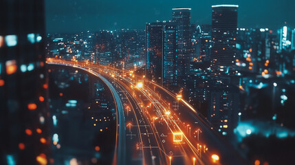 Fototapeta premium Smart digital Innovation city with connection network reciprocity over the twilight cityscape. of future smart wireless digital city and social media networking systems that connects people with city 