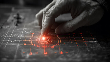 Dramatic closeup of a hand interacting with a futuristic, glowing red interface.  The image evokes themes of technology, strategy, and control. Ideal for tech, gaming, or strategic planning concepts.