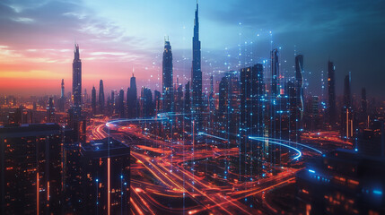 Fototapeta premium Smart digital Innovation city with connection network reciprocity over the twilight cityscape. of future smart wireless digital city and social media networking systems that connects people with city 