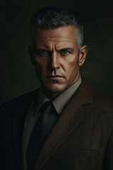 Fototapeta premium A portrait of a man dressed in classic attire, exuding authority and confidence with a serious expression, perfectly captured under dramatic lighting.