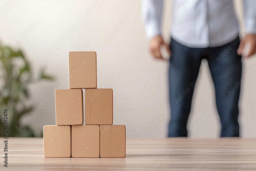 Poster building blocks stacked on a wooden table with a person observing in a modern space