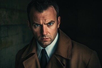 Obraz premium This image presents a mysterious man in a brown coat with a sharp stare, evoking curiosity and intrigue through his intense expression against a dark backdrop.