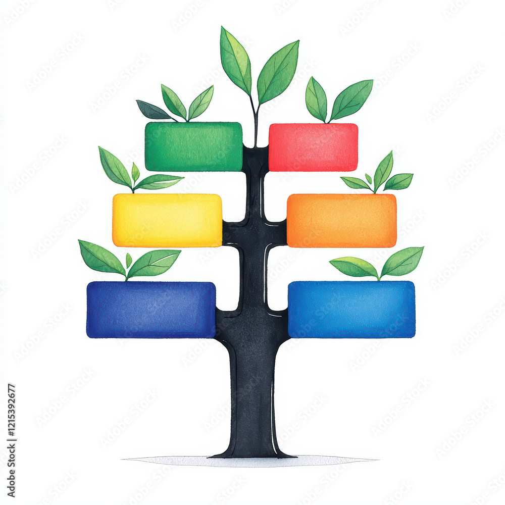 Poster colorful tree with leaves and rectangular shapes representing organization