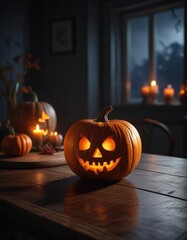 Darkened room with a carved pumpkin on a table in the foreground, illuminated only by faint moonlight, abandoned, dimly lit