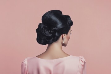 A stylish woman with a chic vintage hairstyle poses against a soft pink backdrop, emphasizing elegance and timeless beauty through her captivating presence.