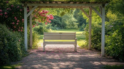 Serene garden bench, tranquil path, floral archway