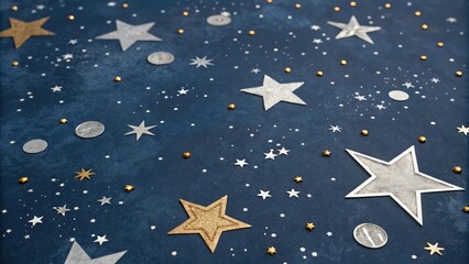 Naklejka premium Dark indigo blue background with scattered stars and celestial bodies in shades of silver and gold, conveying a sense of cosmic wonder, ethereal, planets, cosmic, extraterrestrial, mysterious