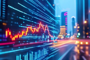 Cityscape digital data display with bright urban night lights and stock chart
