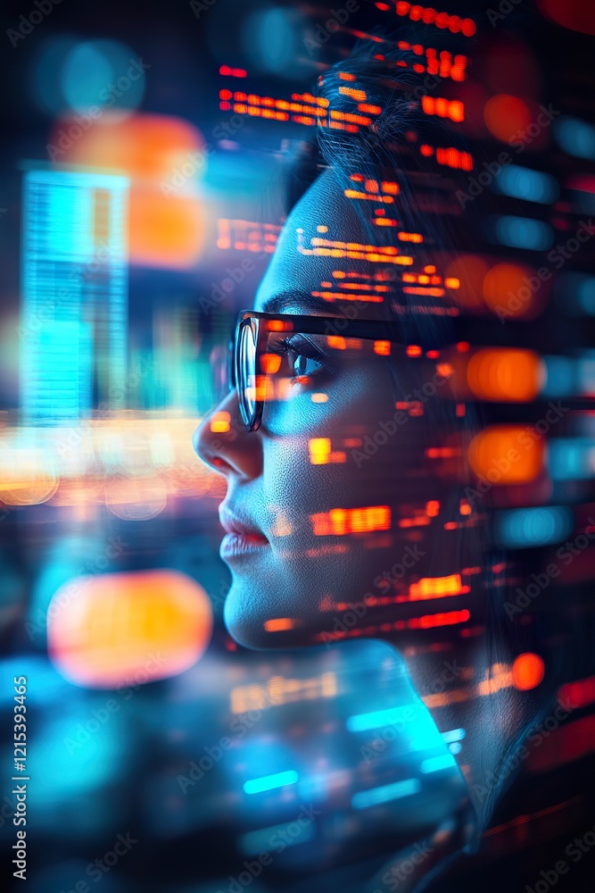 Wall mural focused female programmer analyzing code reflections in a vibrant digital environment