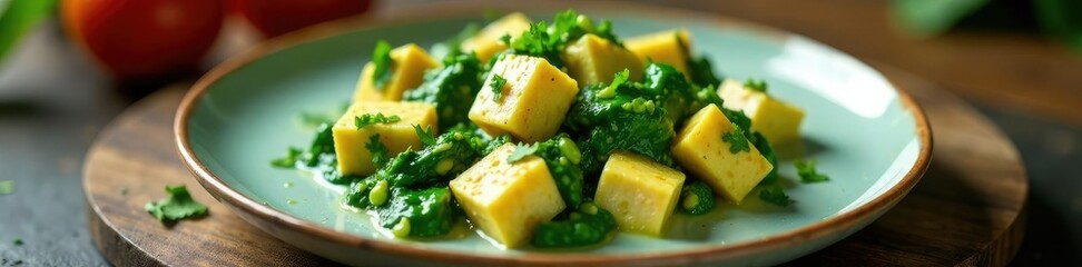 Delicate palak paneer with spinach and cream sauce served on a plate, spinach, paneer