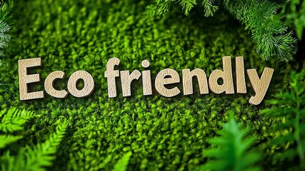 Wooden"Eco friendly"text lush green mossy background.Clear message promoting environmental awareness.Vibrant moss underscores sustainability theme.Nature-inspired setting enhances-conscious.Scene