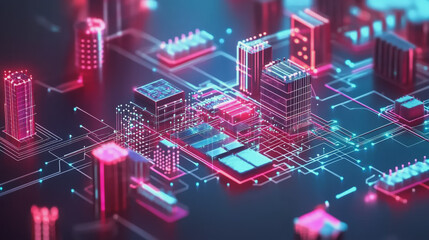 Fototapeta premium Smart digital Innovation city with connection network reciprocity over the twilight cityscape. of future smart wireless digital city and social media networking systems that connects people with city 
