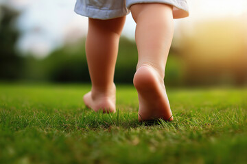 Child walking barefoot on green grass in a sunny outdoor setting