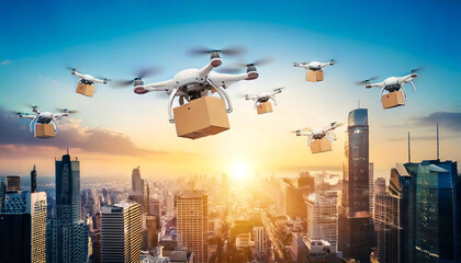 Stunning sunrise cityscape backdrop with multiple drones delivering packages.  Ideal for illustrating modern logistics, technology, and fast delivery concepts.