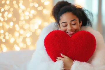 Joyful woman in cozy white clothing hugging a fluffy red heart-shaped pillow, with warm festive bokeh lights in the background..