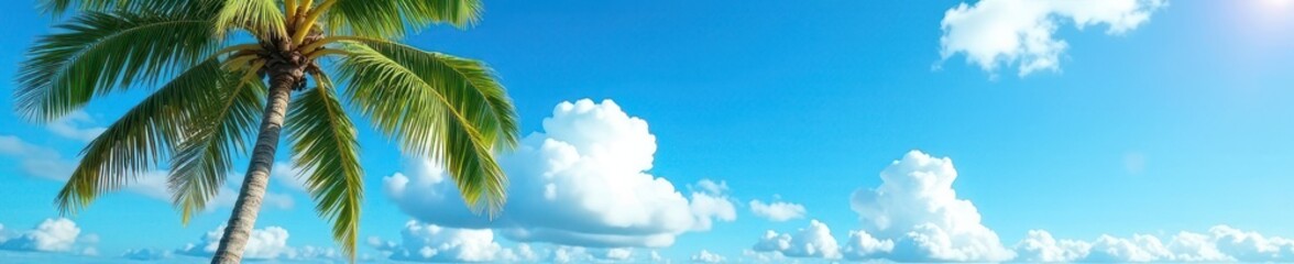 Palm tree against bright blue sky with white fluffy clouds, natural, serene