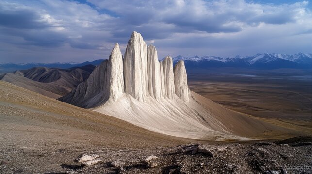 Majestic white rock formations rise from an expansive desert landscape, contrasting beautifully with distant snow-capped peaks under a dramatic sky.